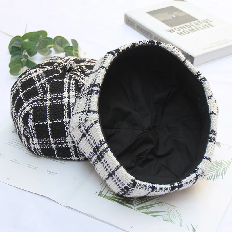 Новинка Осень-зима Casquette черно-белые клетчатые береты Дамская британская