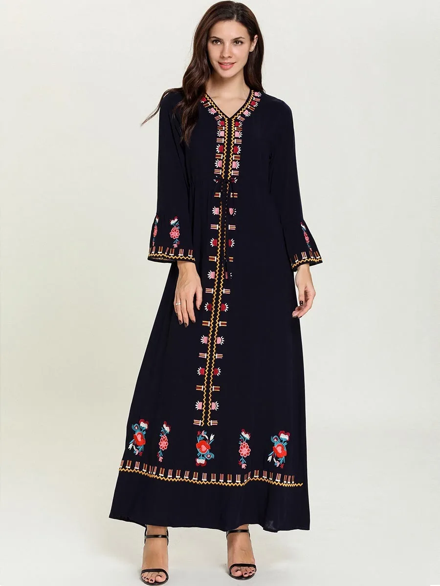 

Elegant Abaya Embroidery Maxi Dress Ethnic Hijab Muslim Cardigan Kimono Long Robe Gowns Middle East Eid Ramadan Islamic Prayer