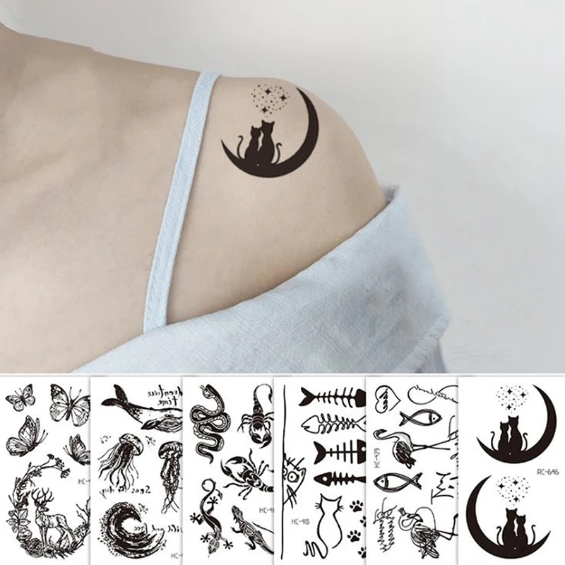

Women Body Art Waterproof Tatoo Small Sexy Black Cartoon Waterproof Temporary Tattoo Cute Animal Tattoo Sticker 5Pcs