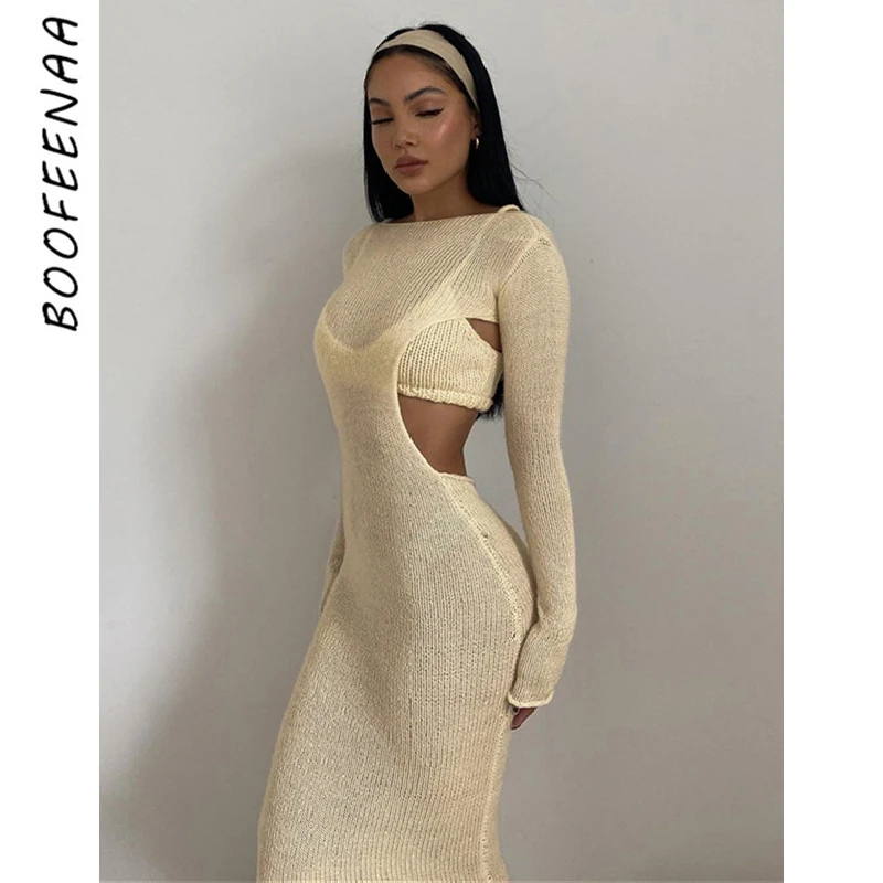 

BOOFEENAA Sexy Knitted Sweater Two Piece Dress Sets Elegant Hollow Out Long Sleeve Bodycon Maxi Dresses for Women 2021 C83-CE21