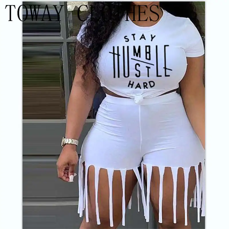 

Summer Women Causal Short Sleeve Letter Print Crop O Neck Fringe Top & Shorts Sets
