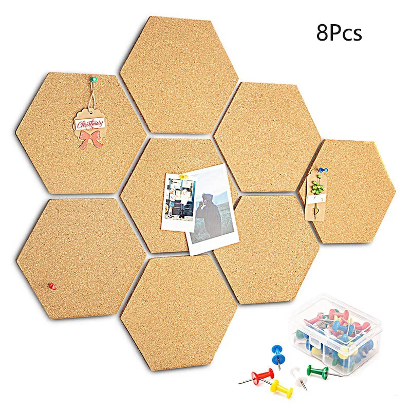 

8Pcs Self-adhesive Hexagon Message Cork Board Cafe DIY Photo Wall Decor with 40Pcs Pins