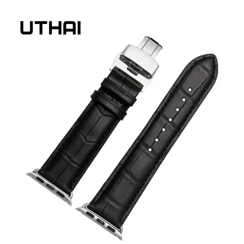 Черный UTHAI A05 ремешок из натуральной кожи для Apple Watch 42 мм 38 мм 44 мм 40 мм сменный ремешок для iWatch 4 3 2 1 браслет - Цвет ремешка: Черный