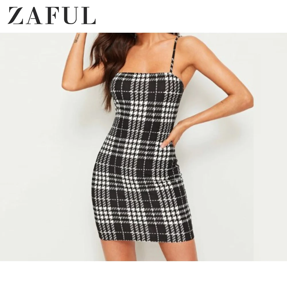 Женское мини-платье на бретельках ZAFUL разноцветное облегающее платье в клетку