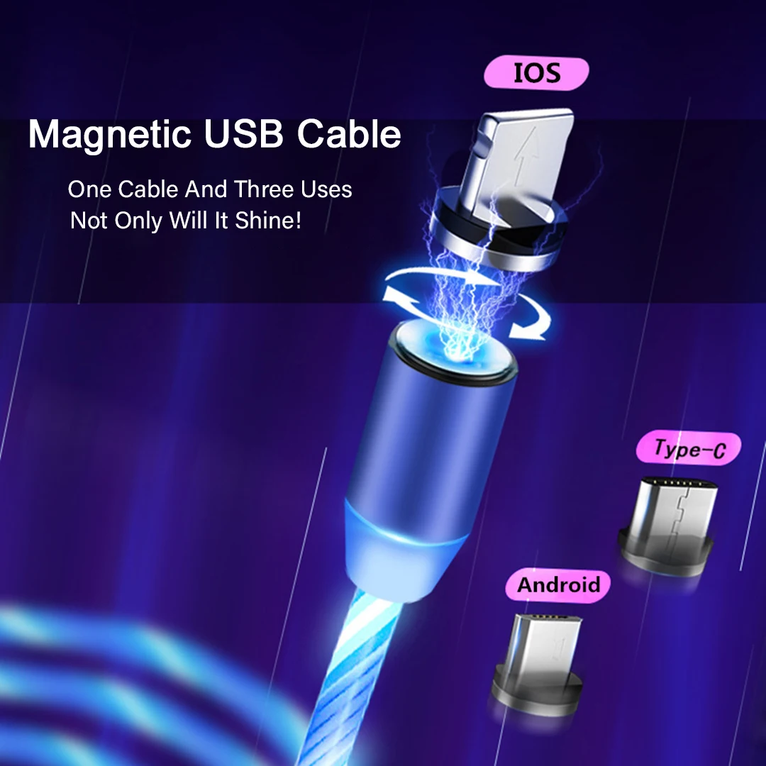 Магнитный зарядный кабель светодиодный светящийся струящийся usb-кабель для зарядки типа C/Micro USB/8 Pin провод для быстрой зарядки освещение для iPhone 8 Android USBC