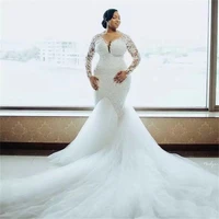 plus size mermaid wedding dress lace long sleeves chapel train appliqued bridal gowns illusion sheer neck robe de mari%c3%a9e