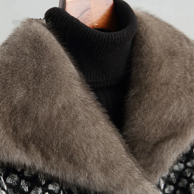 Женское твидовое меховое пальто Роскошные теплые меховые из ягненка зимняя