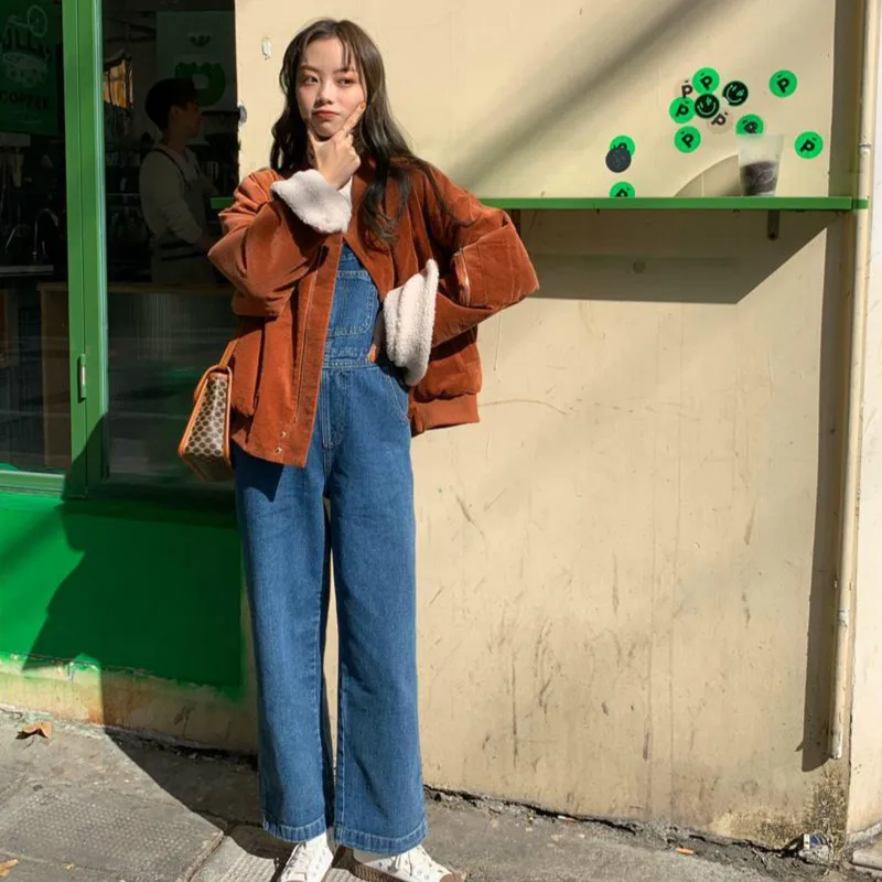 Джинсовые комбинезоны женские однотонные Базовая Спецодежда BF Chic колледж Хай