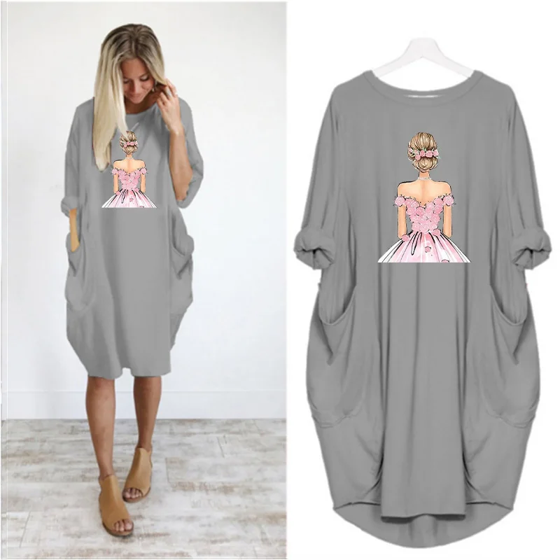 

Female Vestidos Plus Size Women T-shirt Dress Long Sleeve Wedding Princess Sweet Girl Print Pocket Casual Vintage Party Dress