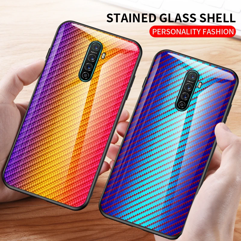 KEYSION Tempered Glass Case for OPPO Realme X2 Pro XT X Carbon fiber Silicone Phone Back Cover Reno Ace 3 5 Q C2 |