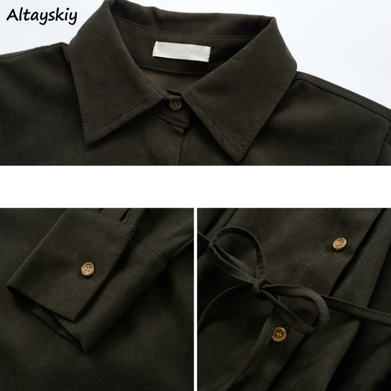 

Women Long Sleeve Dress Solid Simple Turn-down Collar Sashes Female Elegant Autumn Preppy Style Ulzzang Pleated Stylish Students