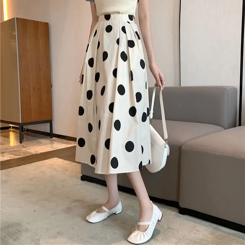 Осенние женские корейские элегантные юбки с высокой талией и принтом в горошек