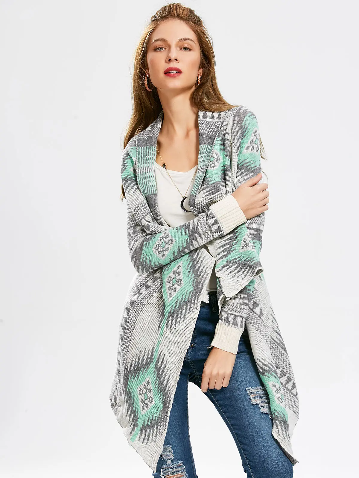 Women Cardigans Geometric Printed Long Sleeve Asymmetric Cardigan Sweater Female Clothes Ladies Tops Knit Outwear |
