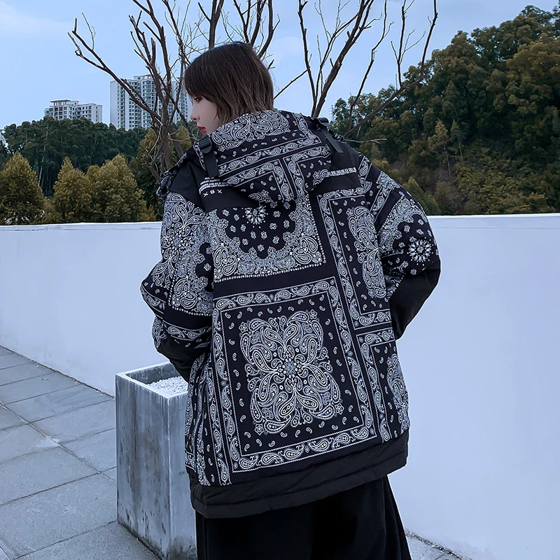 

Unua amo Oversized Winter Coat Woman Warm Loose Casual Hooded Parka 2021 Fashion Cashew Print Design Couple Wear Puffer Jacket