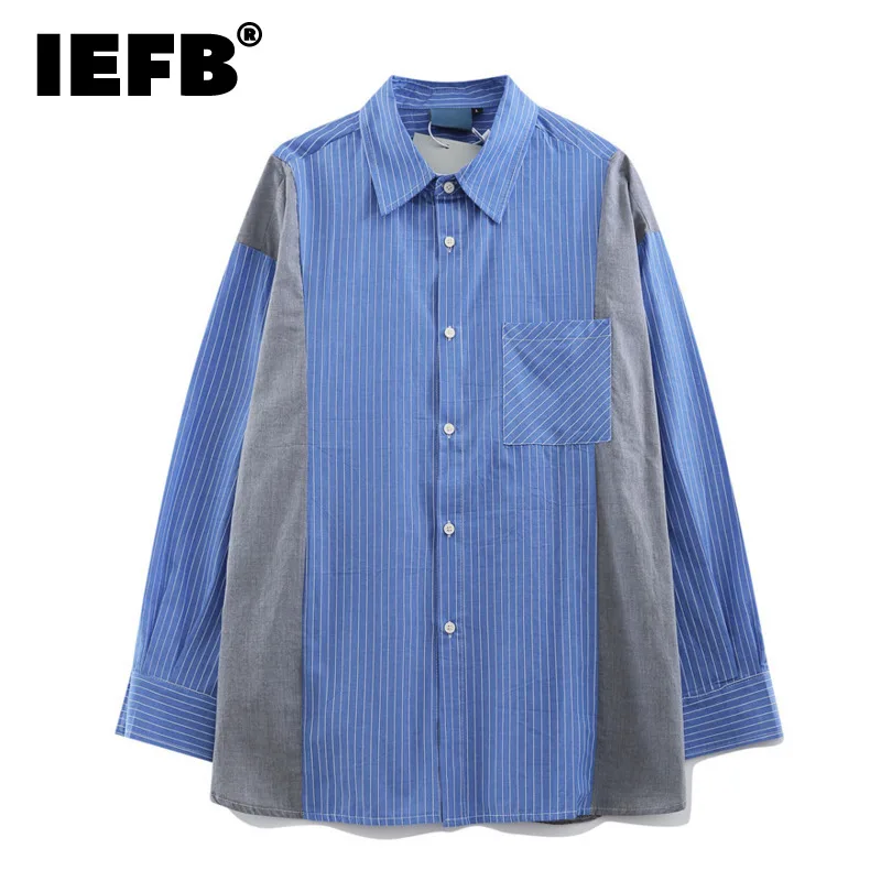 

IEFB Contrast Color Stitching Vertical Stripe Shirt Long Sleeve Men's Ins Streetwear Fashion Autumn Loose Lapel Oversized Tops