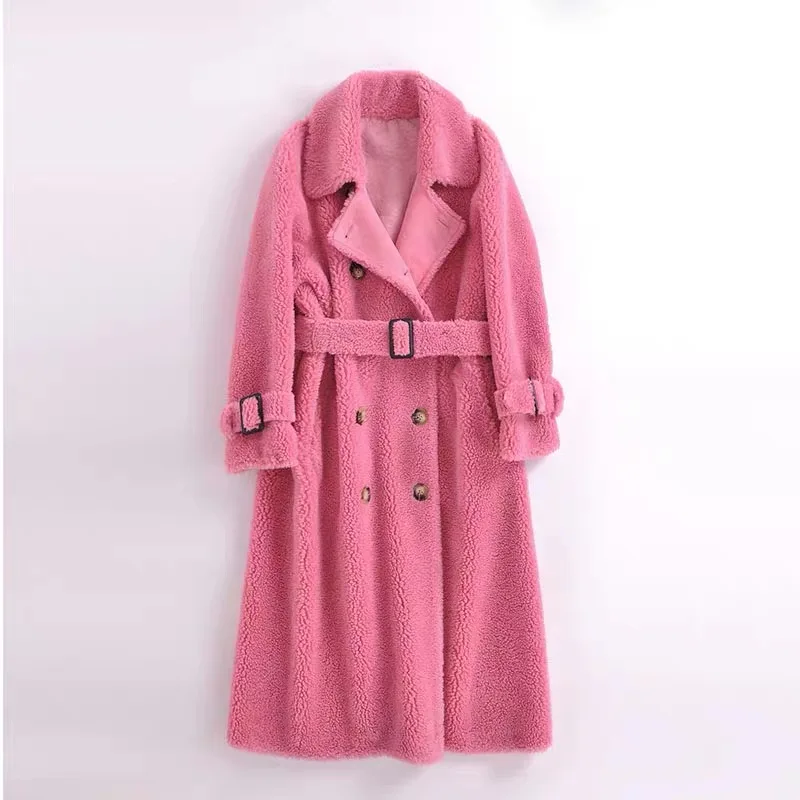 pink SY12, осенне-зимнее женское пальто из 30% шерсти, меховое пальто, а-образное, на пуговицах, с карманами, для стрижки овец, для девушек, теплое меховое пальто, женская длинная куртка, пальто - Цвет: pink