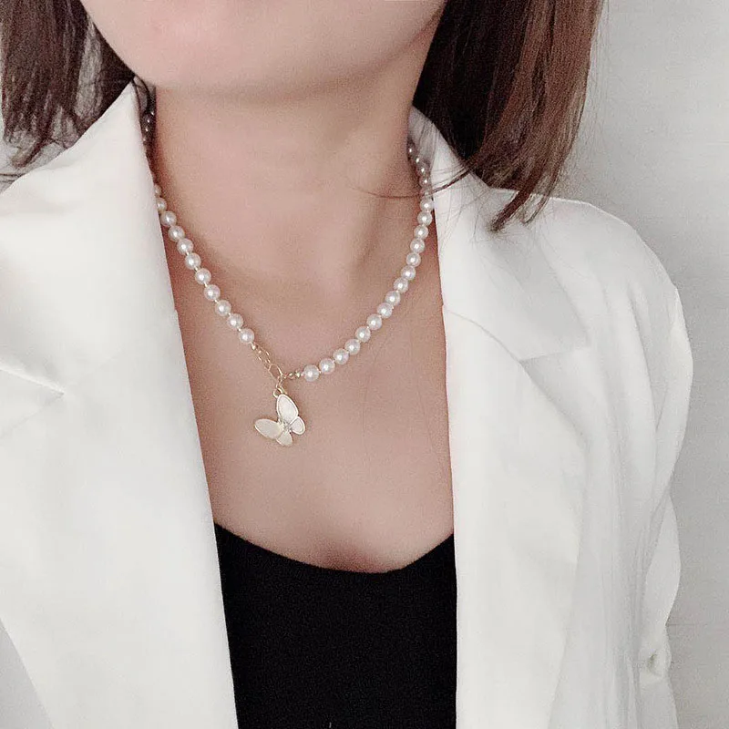 

2021 New Fashion Butterfly Pearl Chain Necklace Women Collar Wedding Punk Toggle Clasp Circle Lariat Choker Necklaces Jewelry