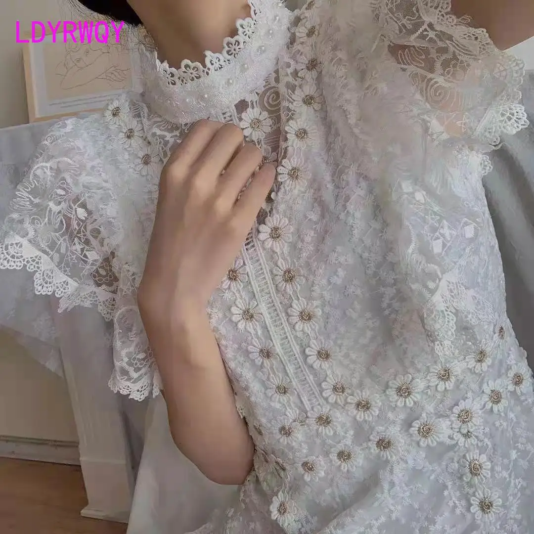 

Japanese Style White Lady Temperament Short Lace Flower Dress Office Lady Polyester Sheath Sleeveless Zippers