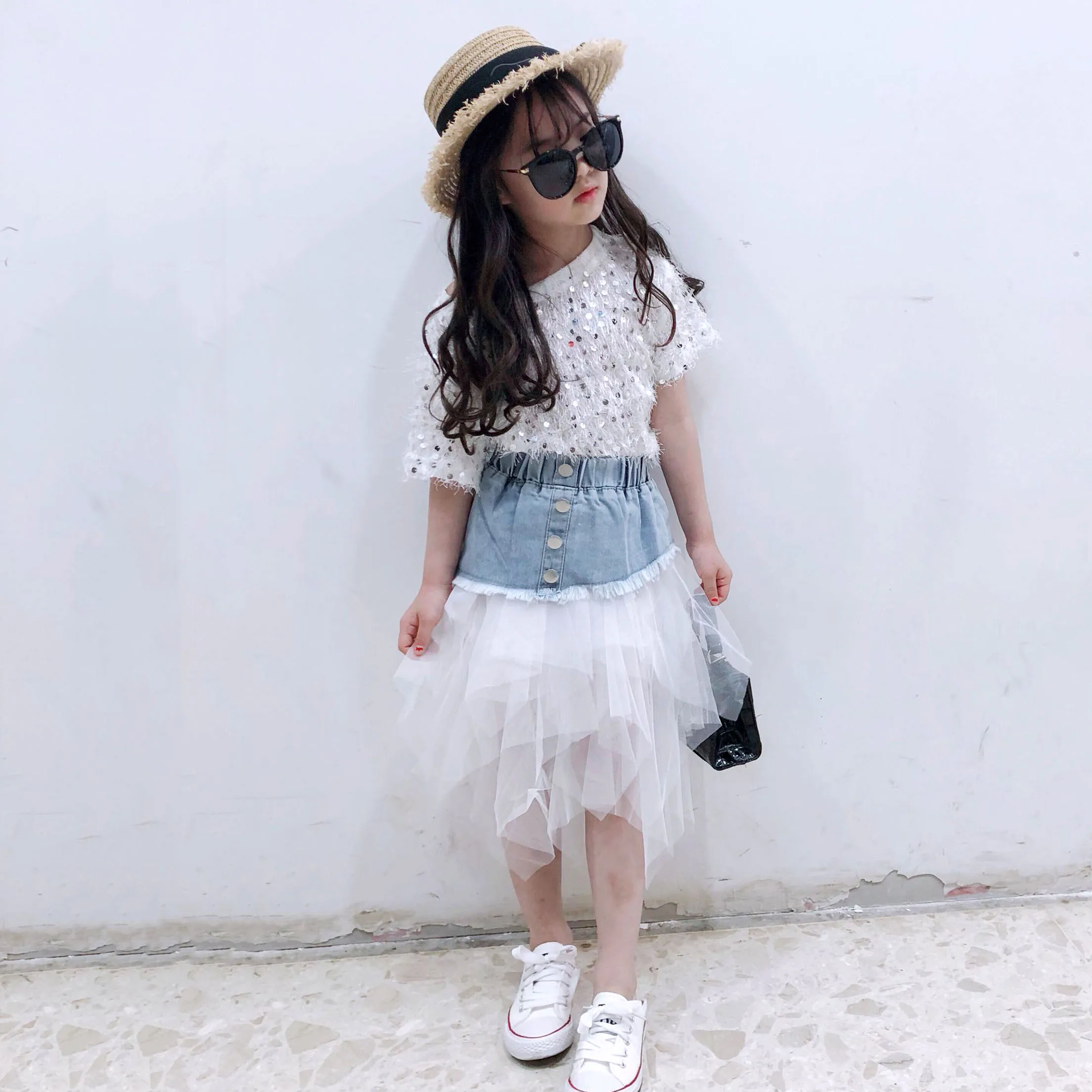 Для девочек Сезон весна-лето Юбка-пачка Платье из денима для детей юбка Детская