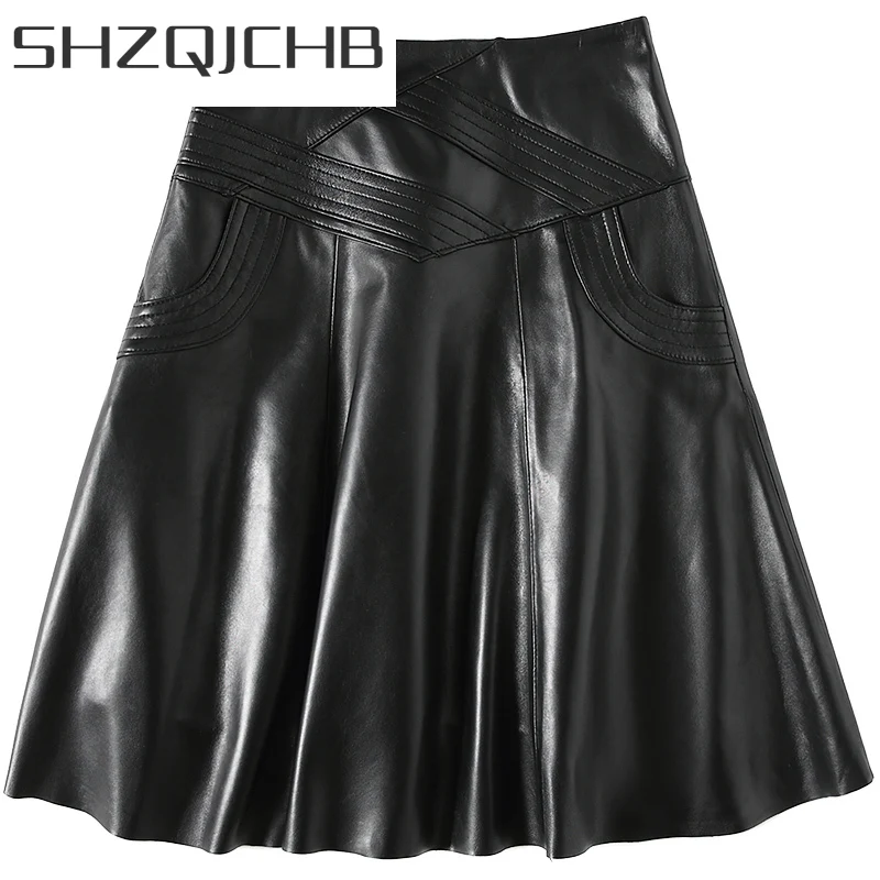 

Женские демисезонные юбки SHZQ из натуральной кожи, Женская юбка из настоящей черной овчины, элегантная Офисная Женская одежда 2021 LWL1598