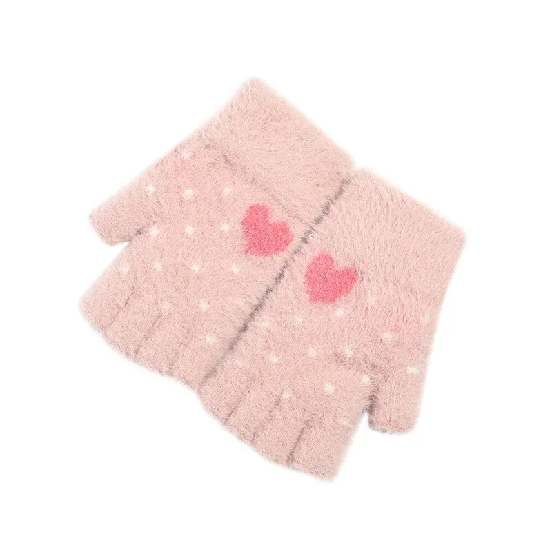 

Winter knitted plush gloves ladies outdoor warmth plus velvet thick touch screen half finger