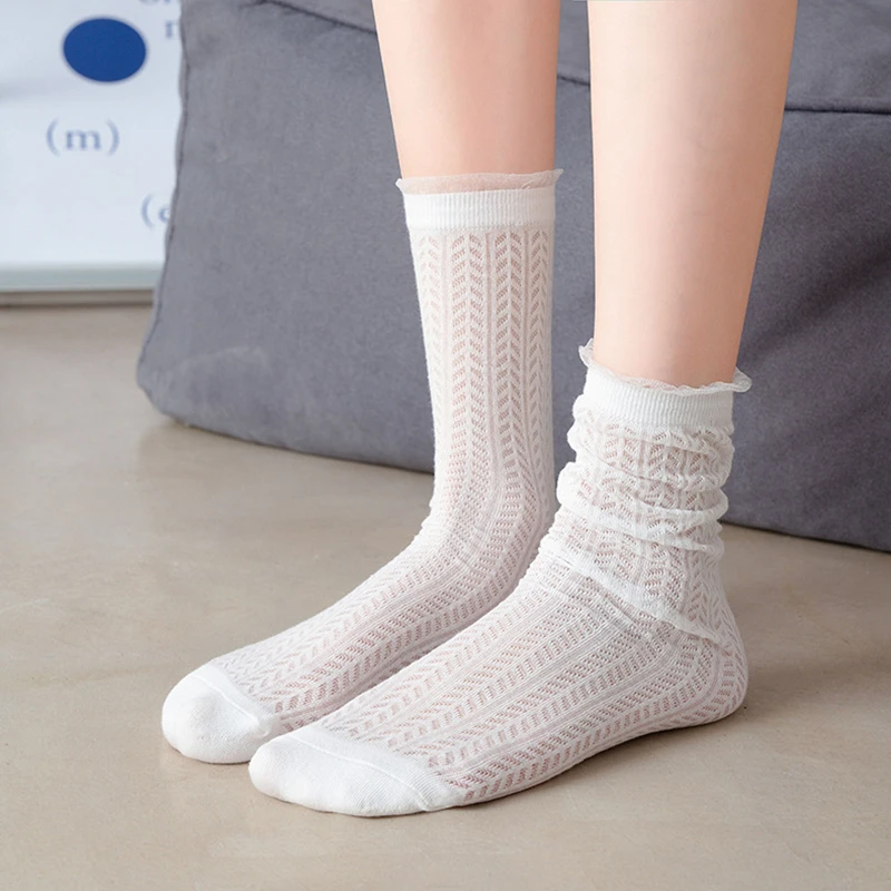 

Women Fashion Socks New Spring Summer Long Girl Lace Trendy Casual Cotton Mesh Transparent Ankle Socks Happy Female Breathable