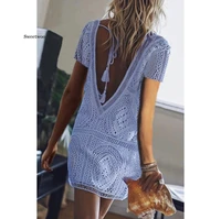 2020 summer women lace dress sexy deep v neck backless crochet floral mini party hollow out plus size cover ups beachwear bather