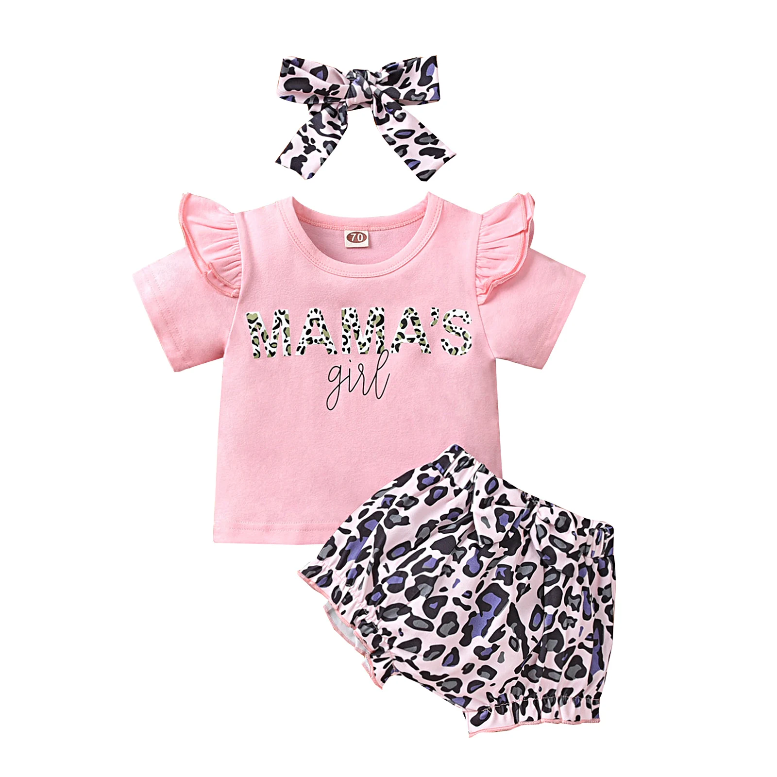 

Summer Clothing for Baby Girl 3Pcs Set Pink MAMA'S GIRL Letter Print Ruffled Short Sleeve T-shirt+Leopard Shorts+Headband