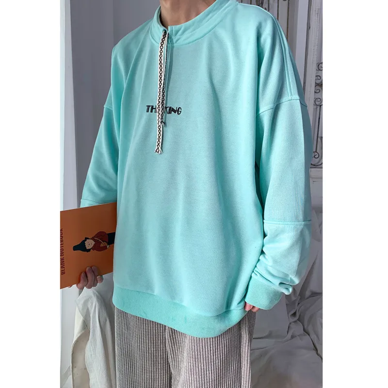 

Men's sports shirt 2021 spring and autumn new ins couple pullover solid color round neck loose stitching shirt trendy men s-4xl