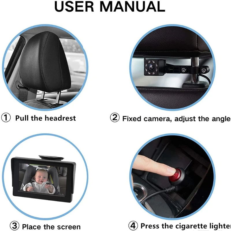 Espejo de asiento de coche para beb&eacute; y ni&ntilde;o, Monitor de seguridad de 4,3 pulgadas con enchufe USB, c&aacute;mara de visi&oacute;n nocturna, visi&oacute;n amplia y clara de 140 &deg;-150 &deg;-4