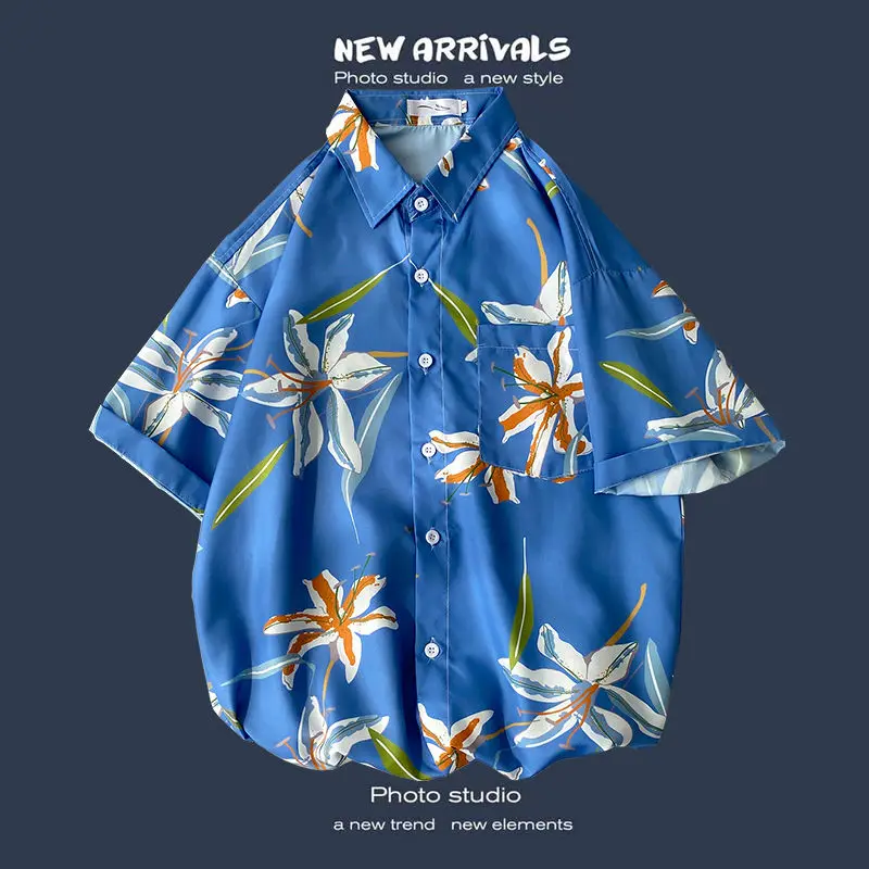 

2021 New Arrival Men's Shirts Men Hawaiian Camicias Casual One Button Wild Shirts Printed Short-sleeve Blouses Tops Camisa