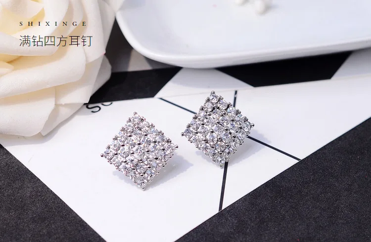 925 Anillos серебряные квадратные серьги гвоздики для женщин роскошный сверкающий