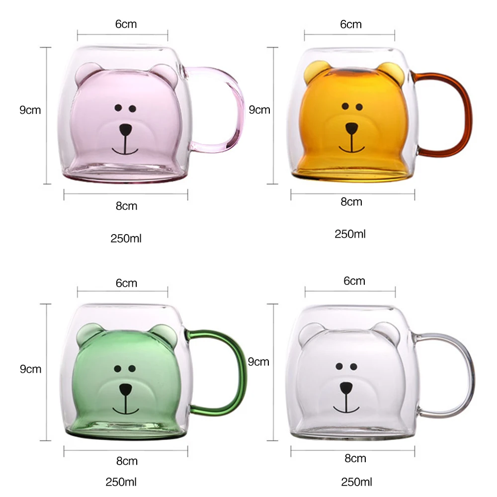 

250ml Glass Mugs Cute Bear Cat Animal Double Wall Glass Mug Double-layer Glass Milk Mug Coffee Cup Christmas Gift