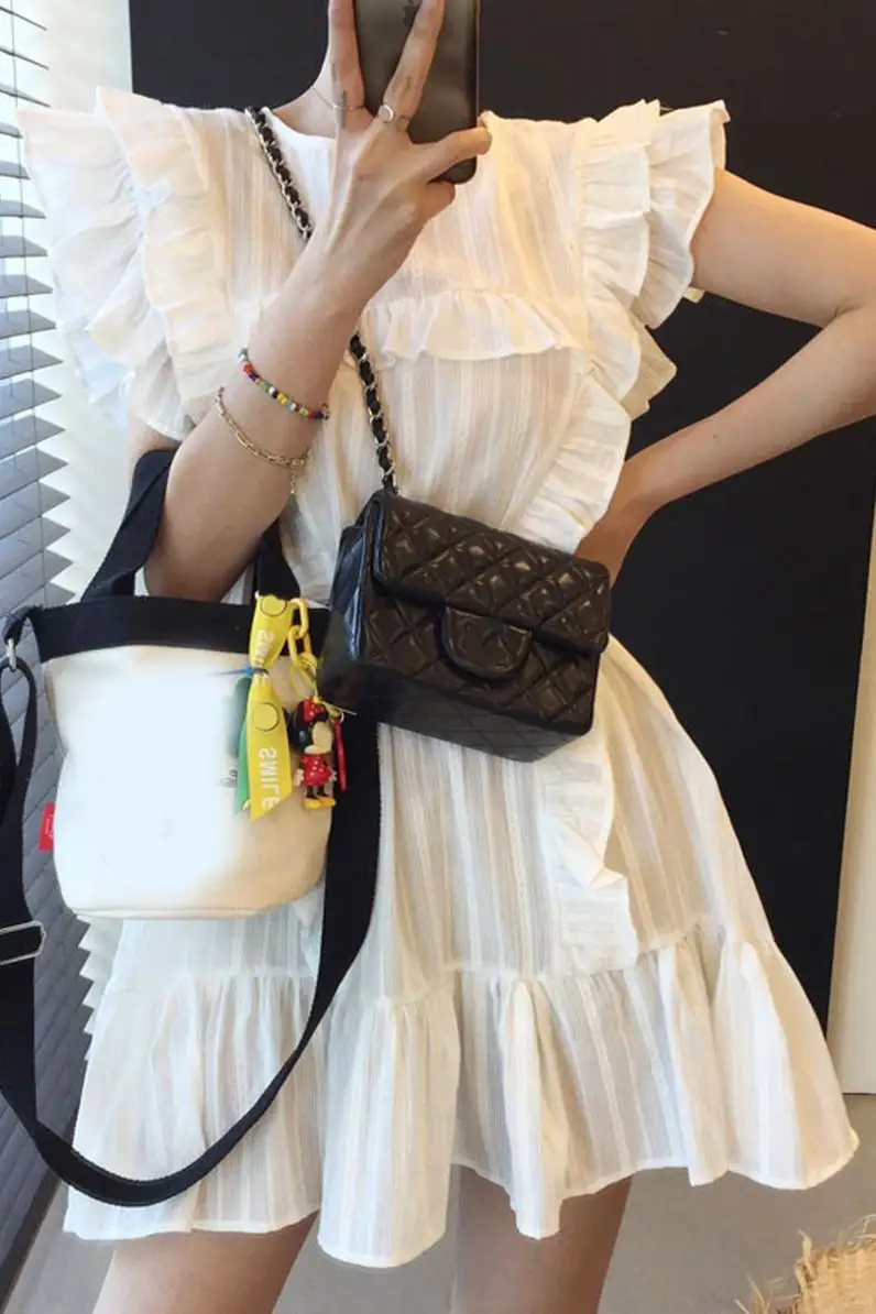 

COIGARSAM Women Dress Summer 2021 Ruffles Patchwork Loose O-Neck White Black Dresses Traf Robe Vestidos