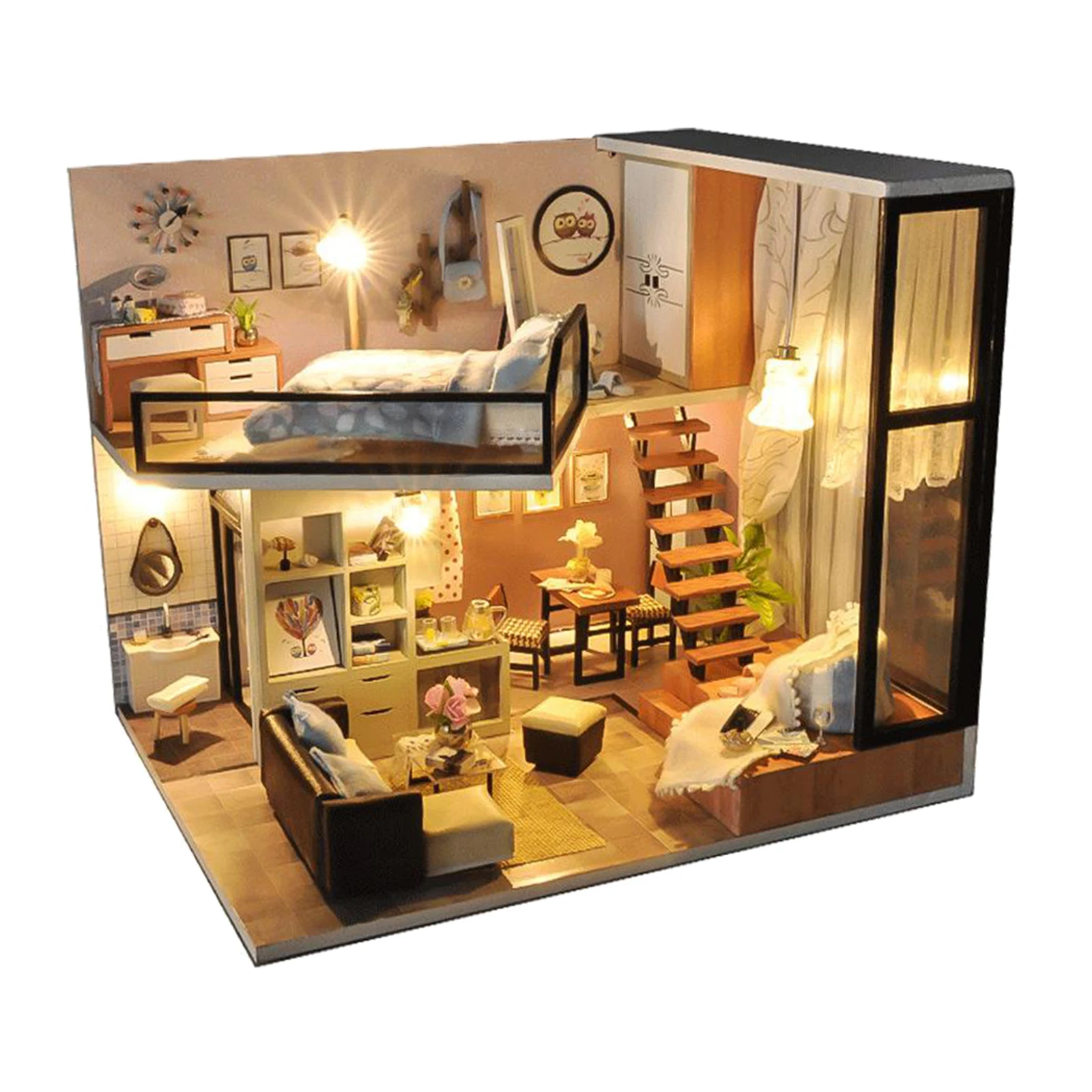 

Dollhouse Miniature with Furniture Accessory DIY Wooden Dollhouse Kit Plus Dust