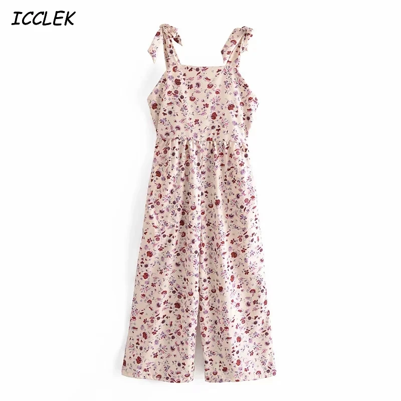 

Za Women's Jumpsuit Women's Playsuit Pink Floral Printed Vintage Wide Leg Pants Female Sleeveless Jumpsuit Sweet High Waist Chic