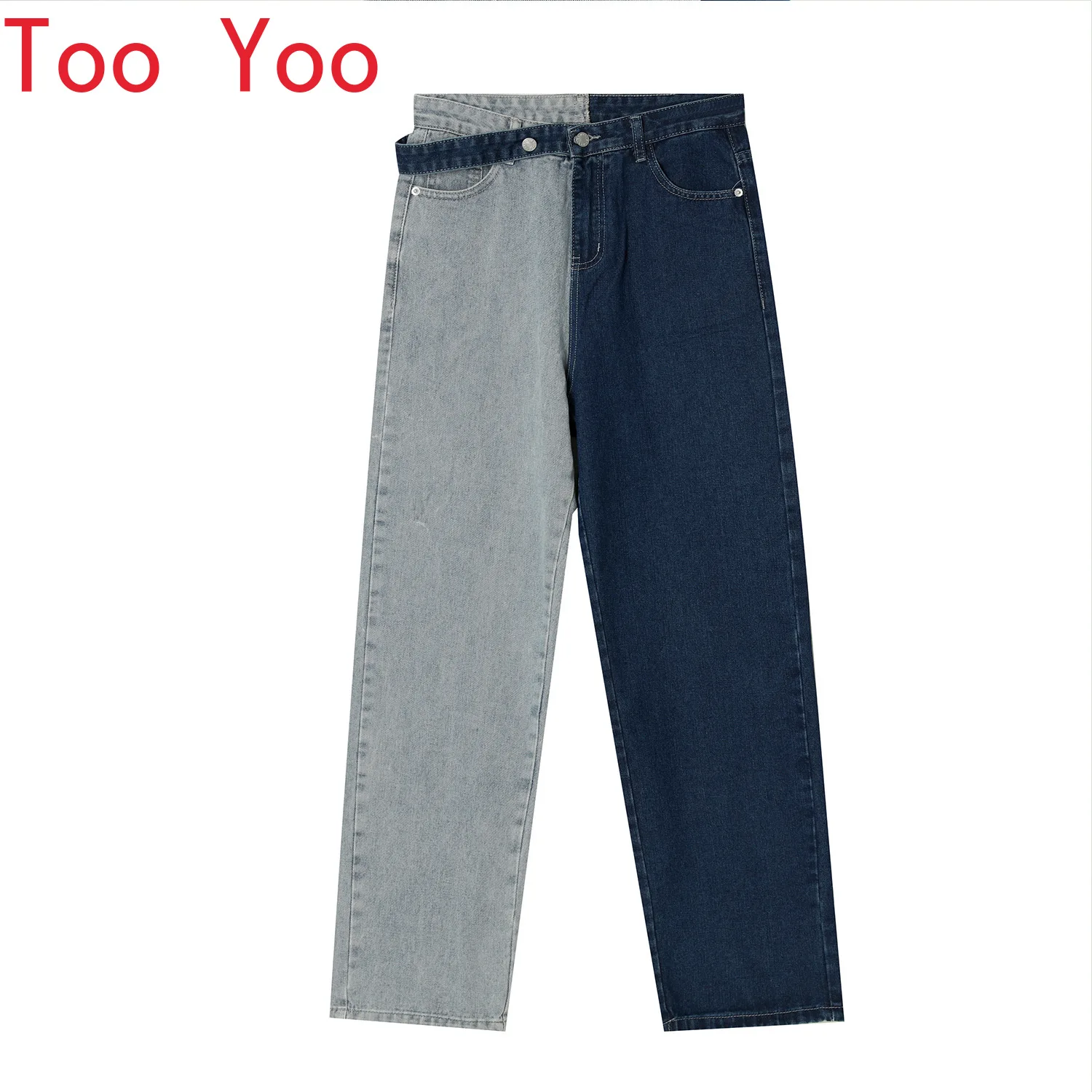 

2021 new color matching color Korean version fashion buckle design sense color matching jeans male mens jeans patchwork jeans