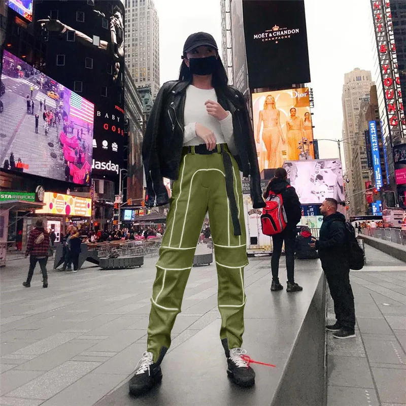 Брюки-карго Женские Светоотражающие в полоску повседневные штаны-султанки стиле