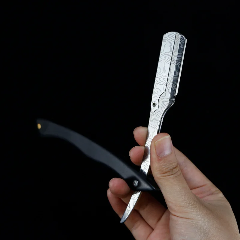 Складная бритва из Дамасского дерева ручная черного с прямым краем нержавеющей