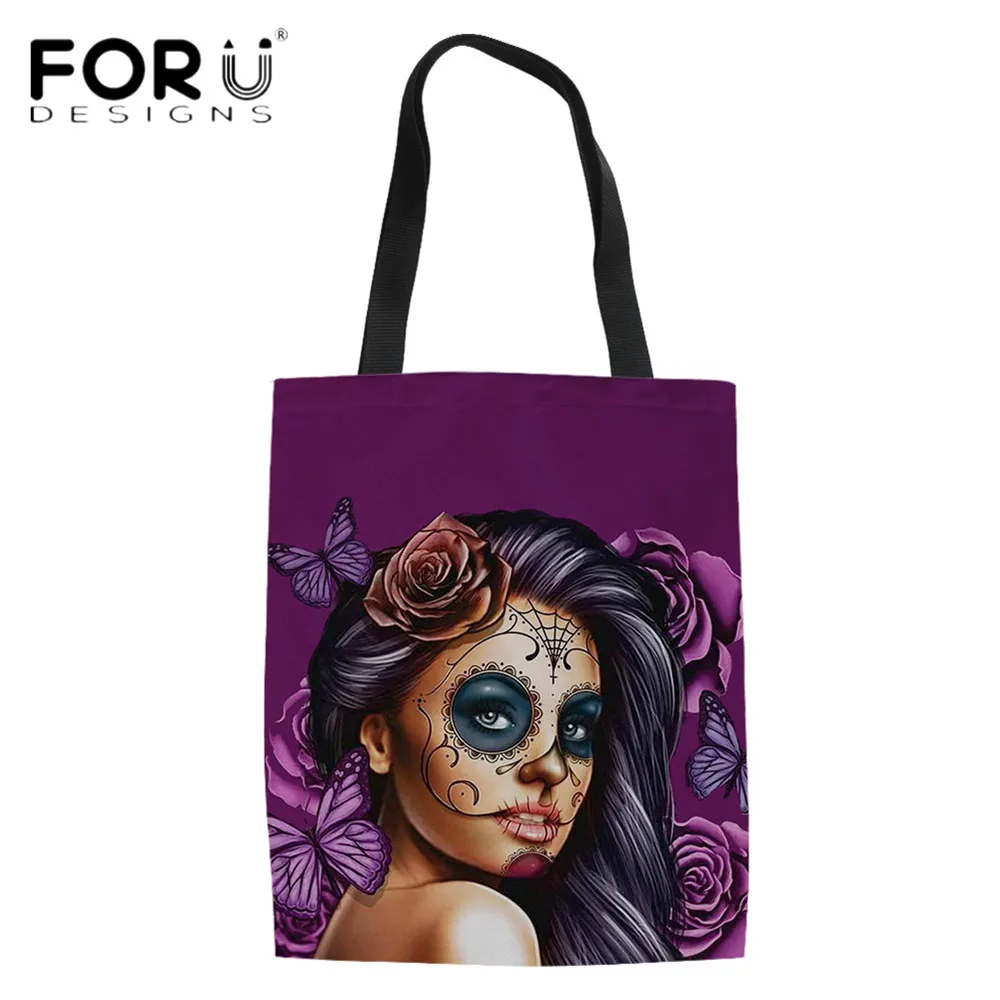 

FORUDESIGNS Women Canvas Shoulder Bag Gothic Day Of Dead Girls Printing Female Casual Totes Bag Eco Shopping Sac Festival Gifts