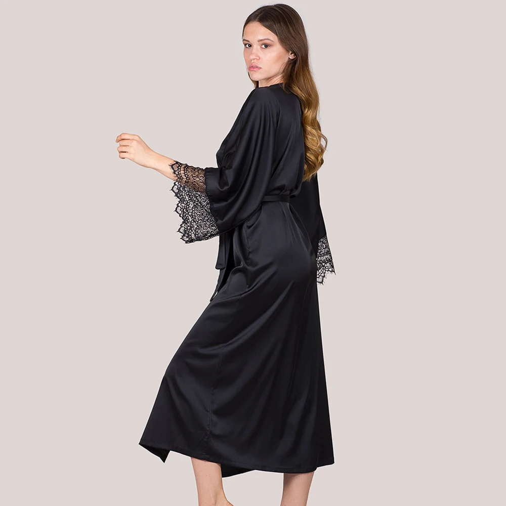 Шелковое атласное платье для сна банные халаты женщин Черное женское белье с