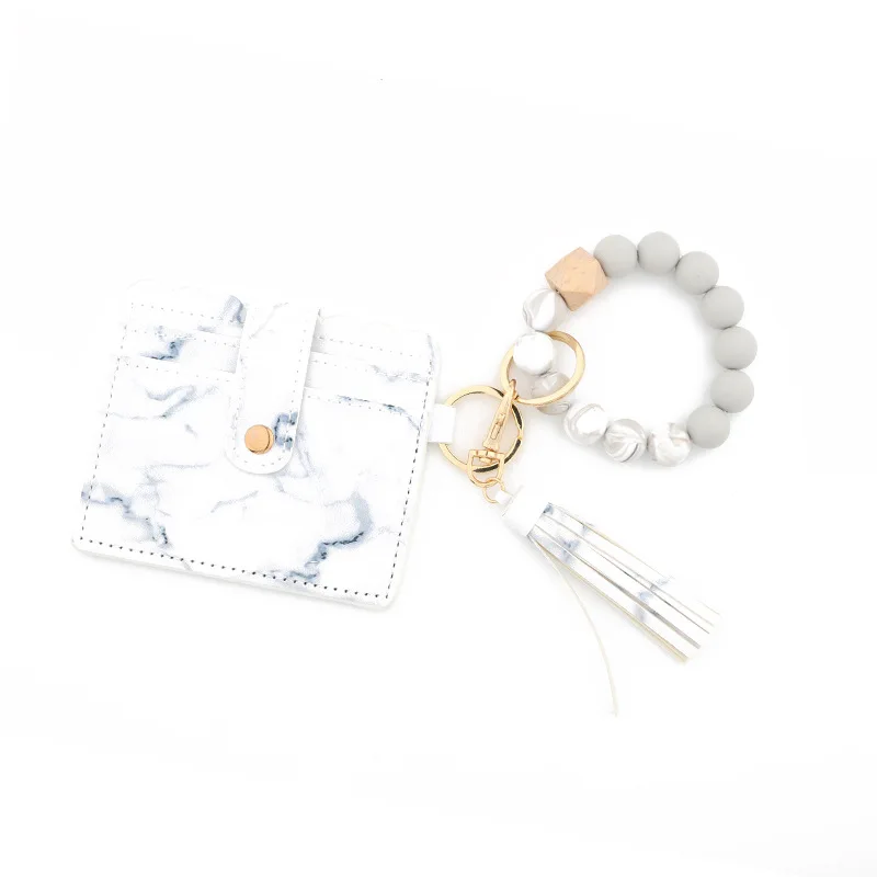 

PU Leather Tassel Key Chain Monogram LOGO Personalized Silicone Bead Bracelet Bangles Wallet Women Bag Accessories