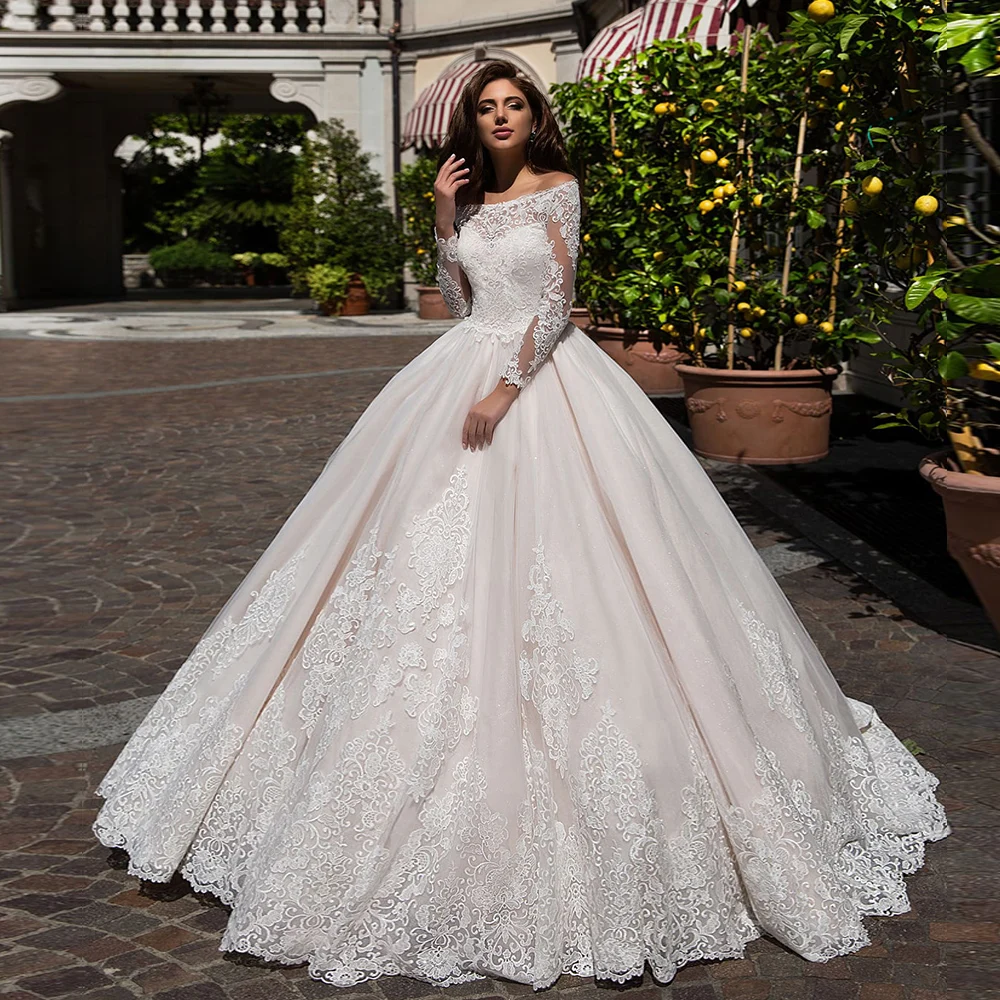 

Muslim Wedding Dresses Ball Gown Long Sleeves Tulle Appliques Puffy Dubai Arabic Wedding Gown Bridal Dress Vestido De Noiva