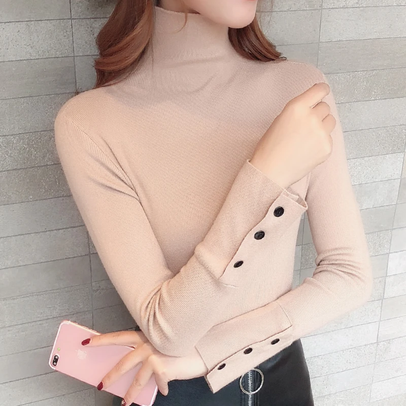 

Hot Sweater Women's Cotton Standard 2019 New Fall And Winter Pullover Slim Sleeve Versatile High Neck Knitting Bottomer Women