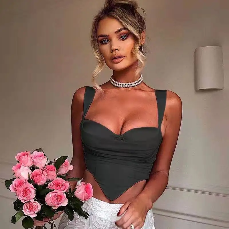 

2021 Summer Zipper Backless Women's New Sexy Slim-Fit Mesh Gauze Folds Exposed Umbilical Short Outer Wear Camisole Women