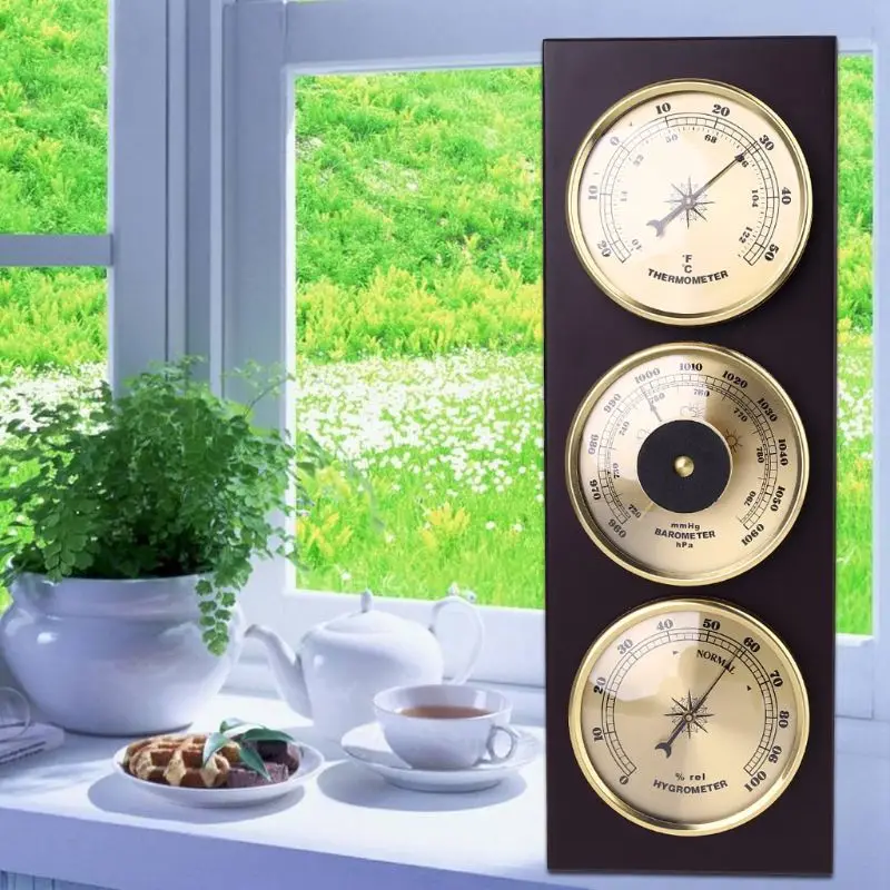 

3Pcs/Set Barometer Hygrometer Thermometer Weather Station with Wooden Frame Base Ornaments 31cm x 11cm