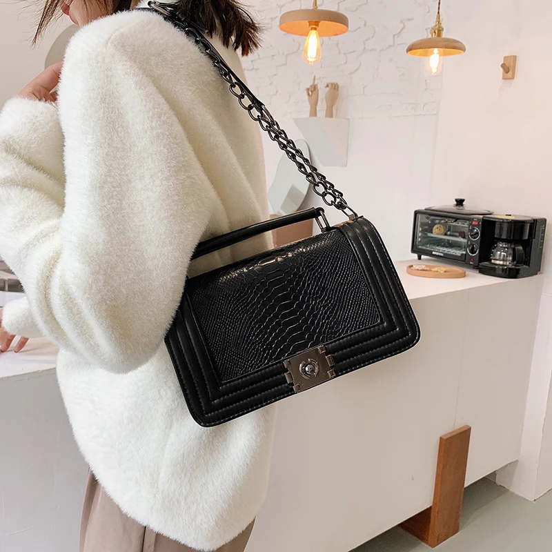 

Retro Serpentine Chains Crossbody Bags For Women 2020 Luxury Designer Panelled Shoulder Bag Fashion Quality PU Leather Handbags