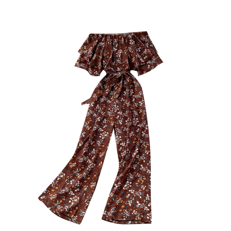 

Sweet Ruffled One-line Collar Strapless Short-sleeved Retro Print Lace-up Waist Thinning Wide-leg Pants Holiday Jumpsuit GK639