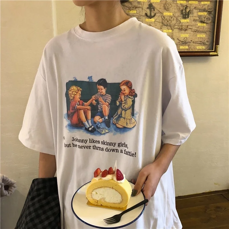 

HAHAYULE-JBH 2020 new retro American loose, medium and long style couples wear white base student short sleeve T-shirt dress