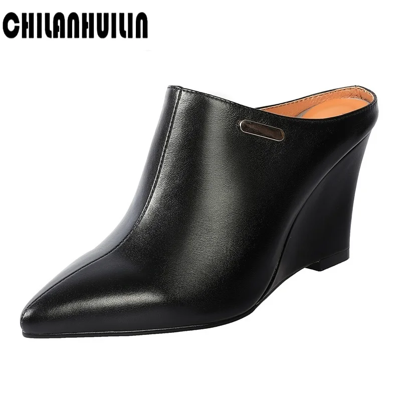 

simple full leather women pumps wedge high heels comfortable slingback ladies casual dress party shoes pumps office lady mules